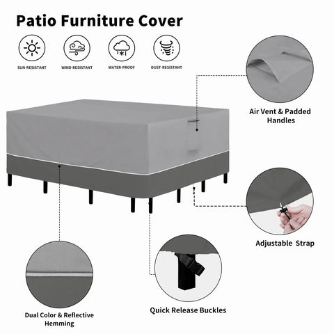 Rectangle Patio Furniture Cover For Outdoor Tables And Chairs 110 By 84 Inches Heavy Duty All Weather Waterproof And UV Resistant With Tape Sealed Seams Fits Sectional Sofa Sets 28 Inch Tall Gray And Dark Gray on patio furniture with air vent, handles, adjustable strap, and buckles.