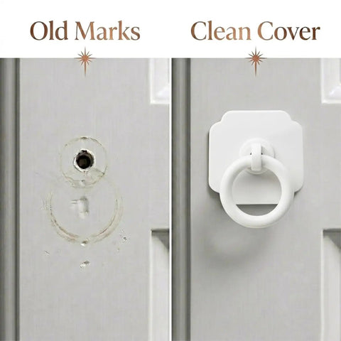 Four Pack Satin White Cabinet And Bifold Ring Pull Handles With One And Three Fifths Inch Backplate covering old marks