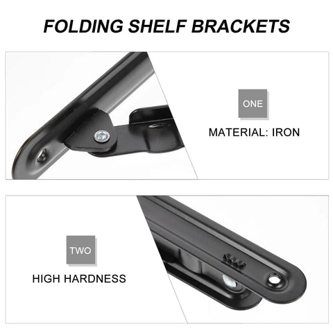 Close-up of Heavy Duty Folding Black Iron Wall Brackets showing iron material and high hardness features