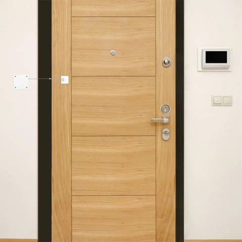 Self Closing Door Closer Automatic With 1.2 Meter Wire Length And 1.2 Millimeter Diameter Durable ABS Material shown on wood door