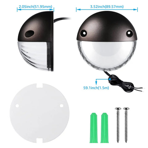 Unique Rays LED Low Voltage Deck Lights For Outdoor Living 12V Landscape Step And Fence Light Aluminum 3000K Warm White IP65 Weatherproof Oil Rubbed Bronze Pack Of 6 with dimensions and installation parts.