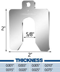 80 Piece Set Stainless Steel Slotted Shims Kit 2 by 2 Inch With Eight Thicknesses From 0.001 To 0.075 Inch, 10 Pieces Each, Precision Shims For Leveling, Includes Storage Box, Ideal For Woodworking Machinery Motors And Industrial Projects showing a 2 inch by 2 inch slotted shim with dimensions