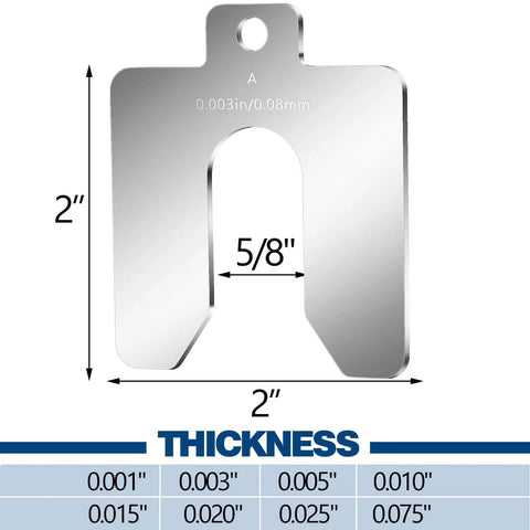 80 Piece Set Stainless Steel Slotted Shims Kit 2 by 2 Inch With Eight Thicknesses From 0.001 To 0.075 Inch, 10 Pieces Each, Precision Shims For Leveling, Includes Storage Box, Ideal For Woodworking Machinery Motors And Industrial Projects showing a 2 inch by 2 inch slotted shim with dimensions