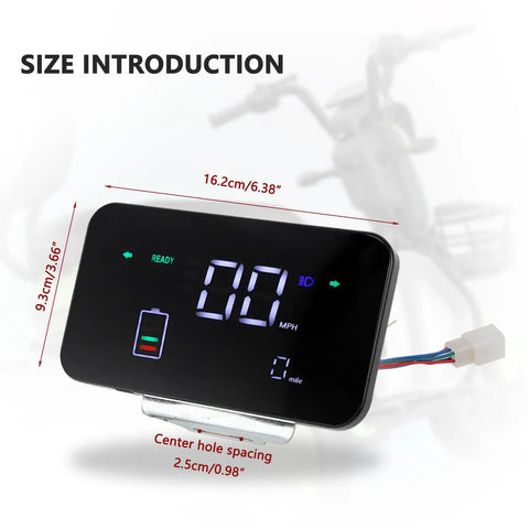48V To 72V Digital Speedometer Display Panel For Electric Scooters And E Bikes With MPH Readout showing dimensions
