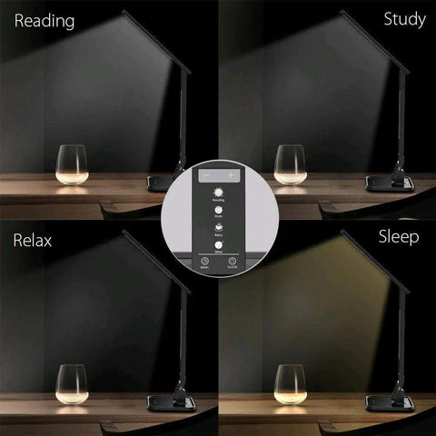 Eye Care LED Desk Lamp With 27 Recessed LEDs, 5 Brightness Levels, showing different lighting modes and settings for reading, study, relax, sleep