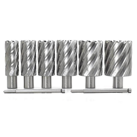 Front view of six silver annular cutters with Weldon shanks and two pilot pins for drill press