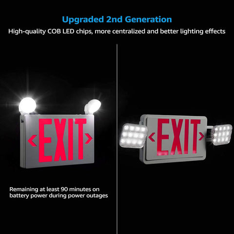 LED Exit Sign With Battery Backup And Emergency Lights, Dual Face, Red Letter, Two Adjustable LED Heads, UL Listed, wall mount
