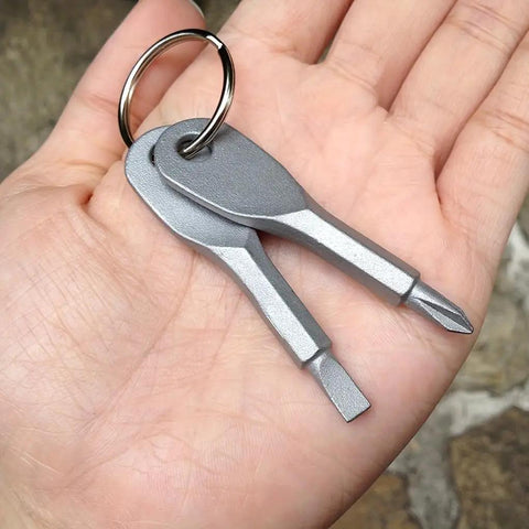 Two Piece Mini Pocket Screwdriver Set With Steel Phillips And Slotted Heads Portable Key Ring Repair Tool in hand