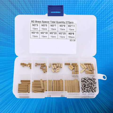 Brass Female Spacers And Screws Assortment Kit 270 Piece Hardware Set In Durable Waterproof Rustproof Brass With Organized Plastic Storage Box Pro Grade, M2 sizes