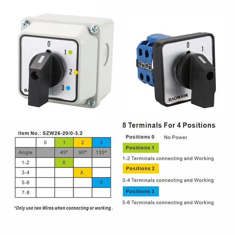 20A 660V Rotary Changeover Switch With Exterior IP54 Box shown with diagram of 4 positions and 8 terminals for motor control and generator transfer