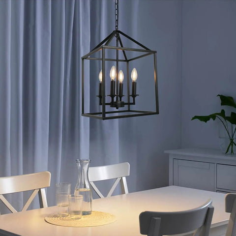 Farmhouse Black Pendant Light Lantern Chandelier For Kitchen Island Foyer Dining Room And Hallway Industrial Style Four Light Fixture With E12 Sockets Measures 17 By Eleven Point Eight Inches No Glass To Clean And Easy Ceiling Mount over dining table
