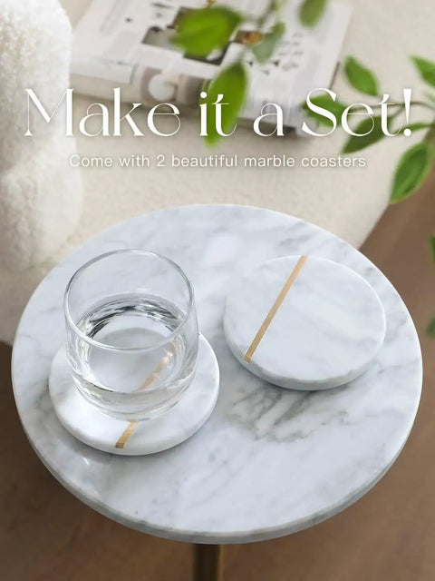 Adjustable Height Marble Drink Table With White Marble Top And Antique Brass Pedestal, includes two coasters on table
