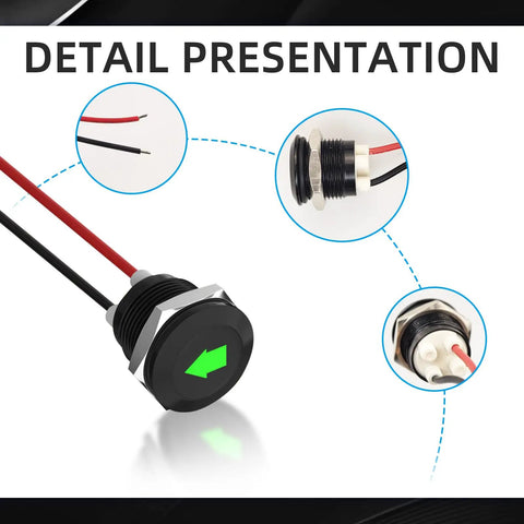 4 Pack 12V Green LED Arrow Indicator Lights Waterproof Metal Housing for Cars Trucks and Motorcycles High Brightness Turn Signal Indicators Durable Dash Lights Easy Install 12mm threaded black housing with green arrow, red and black wires