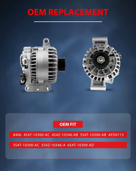 Alternator 110 Amp 12V For Ford Focus 2005 2007 CW Rotation 6 Groove Pulley 8406 front and back view OEM replacement