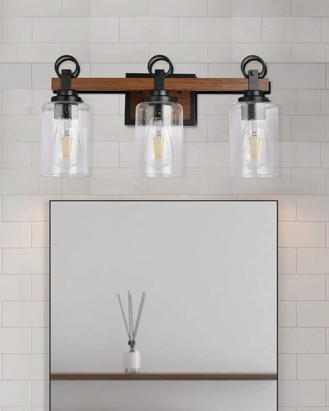 Farmhouse 3 Light Vanity Fixture With Seeded Glass Shades Black Rustic Wall Sconce Over Mirror Bathroom Mount