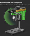 XVIIUIFOI Mini Drill Press With Dual Power Modes Adjustable Depth Control For Wood Metal Steel PVC Projects Ideal Benchtop Drilling Machine for Hobbyists and DIY Enthusiasts Compact Versatile Design showcasing extended rocker arm lifting boom.