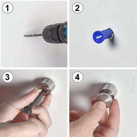 Beefy 1 Inch Stainless Steel Standoff Screws 4 Pack Rock Solid Wall Mount Spacers For Glass Acrylic Frames With Tight Threading And Rust Proof Finish For Quick No Sweat Installation, installation steps showing drill and screw use.