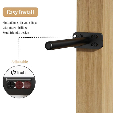 Rock Solid Hidden Floating Shelf Brackets 8 Pack Black Heavy Duty Metal Wall Mounts, adjustable 1/2 inch mount detail.