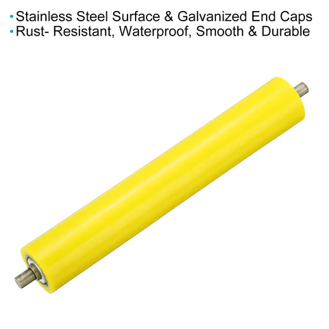 Polyurethane Coated Conveyor Roller 2 Pack, 1.5 Inch Diameter by 11 Inch Length, Stainless Steel Shaft, Yellow Finish, Heavy Duty Gravity Conveyor Replacement Part with Galvanized End, showing stainless steel surface and galvanized end caps.