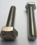 Two stainless steel hex-cap bolts (M6x30) with threaded shanks on a white surface.