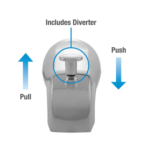 Front view of Tub Spout With Diverter In Chrome Finish, includes diverter control for universal fit bathtub, 1 pack
