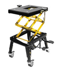 Heavy Duty Motorcycle Lift Table With 350 Lb Capacity Hydraulic Foot Operated Scissor Lift 15 By 11.5 Inch Platform Lifts From 12 To 33.5 Inches Four Wheel Stand Solid Steel Construction With Red Powder Coat.