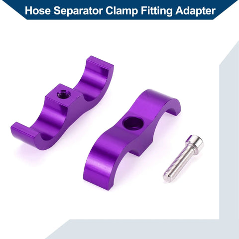 Premium AN10 Hose Separator Clamp Set Purple Anodized Aluminum dual tube line organizers with fitting adapter and bolt.
