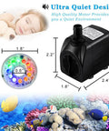 160GPH Submersible Fountain Pump With Auto Color Changing LED Light dimensions and design