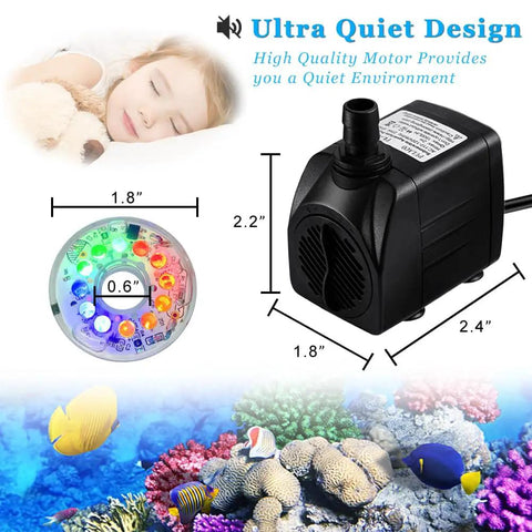 160GPH Submersible Fountain Pump With Auto Color Changing LED Light dimensions and design