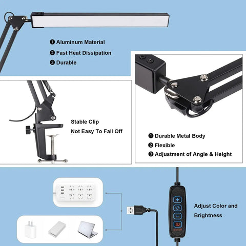Diagram of Clamp On LED Desk Lamp For Home And Office, Adjustable Swing Arm, Eye Caring Light With 3 Color Temperatures And 10 Dimming Levels, Memory Function, showing components and features like aluminum material, flexible design, and USB control.