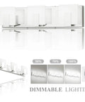 Three Lights Dimmable Modern LED Vanity Light For Bathroom Up And Down Wall Mount Frosted White Acrylic Chrome Finish With High CRI 6000K White Light For Mirror Vanity Sleek And Bright displayed with dimmable settings.