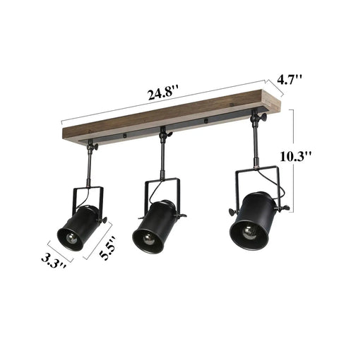 Adjustable 3-Head Track Lighting Fixture in Black Wood Finish with measurements, modern farmhouse ceiling spotlight
