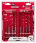 Front view of Milwaukee Shockwave 10-piece carbide hammer drill bit set in red PACKOUT case