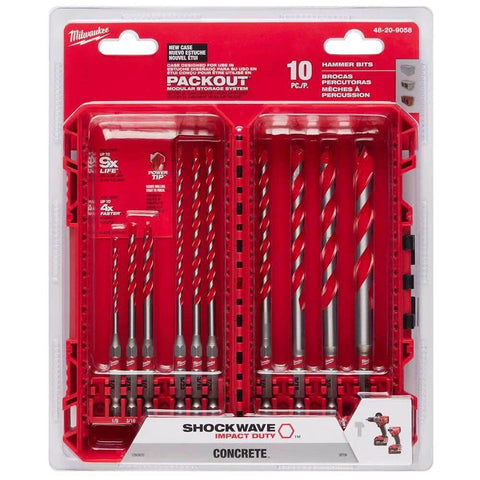 Front view of Milwaukee Shockwave 10-piece carbide hammer drill bit set in red PACKOUT case
