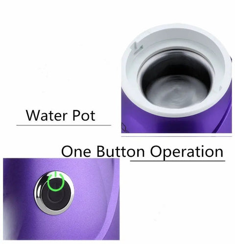 Close-up of water pot and button on At Home Facial Steamer For Spa Level Steam And Sinus Inhaler Delivers Soothing Hydration For Skin