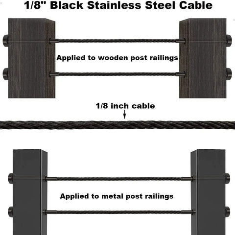 One Eighth Inch Stainless Steel Wire Rope For Cable Railing Hardware Kit In Black T316 Marine Grade applied on wood and metal posts