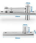 Heavy Duty Pivot Hinge For Hidden Doors And Secret Rooms Invisible 360 Degree Rotating Door Hinge For Bookshelf And Revolving Bookcase Doors Stainless Steel Brushed Nickel Finish 1 Pack, showing top and bottom views with measurements.