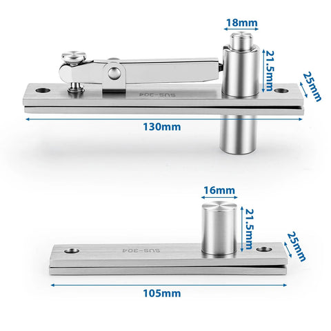 Heavy Duty Pivot Hinge For Hidden Doors And Secret Rooms Invisible 360 Degree Rotating Door Hinge For Bookshelf And Revolving Bookcase Doors Stainless Steel Brushed Nickel Finish 1 Pack, showing top and bottom views with measurements.