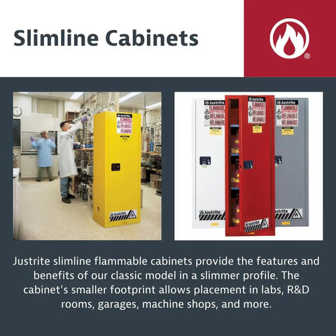 Built Tough Slimline 22 Gallon Flammable Storage Cabinet With Manual Close Double Doors And Three Reinforced Shelves Crafted From 18 Gauge Steel in yellow, displayed in a lab.