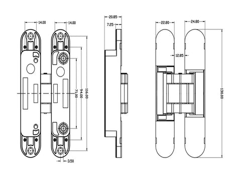 Technical drawing of Adjustable Zinc Alloy 180 Degree Hidden Concealed Door Hinge For A Smooth Swing And Tight Fit Heavy Duty.