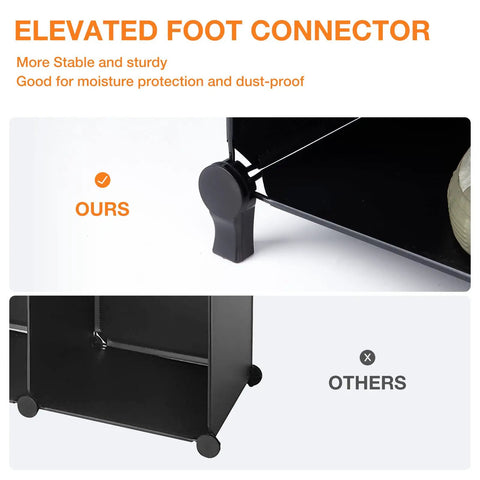 16 Cube Storage Organizer with Cube Shelves for Closet and Playroom, elevated foot connector detail, black unit comparison
