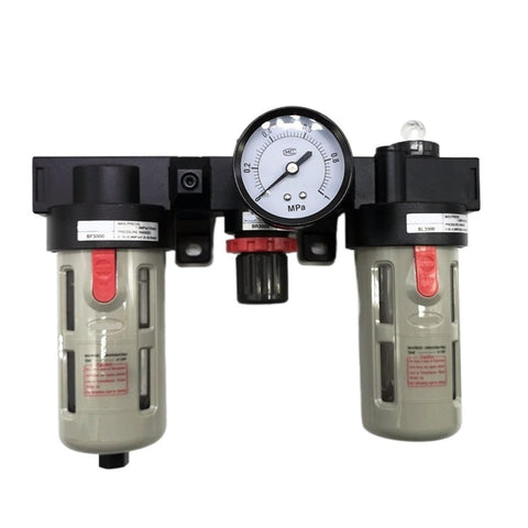 Three Unit FRL Air Treatment System For Compressors, Filter Regulator Lubricator Inline Assembly, compact pro-grade unit front view
