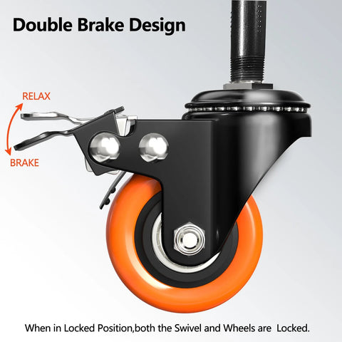 Side view of heavy-duty 2-inch caster wheel with orange polyurethane wheel, threaded stem and dual brake