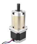 Front view of Nema 23 stepper motor with 47:1 planetary gearbox, black body, silver/brass gear housing, exposed shaft