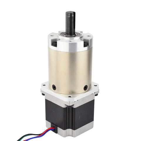 Front view of Nema 23 stepper motor with 47:1 planetary gearbox, black body, silver/brass gear housing, exposed shaft