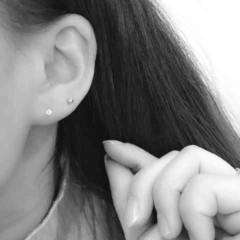 20G Ear Cartilage Helix Jewelry Set With Tiny CZ Studs In Surgical Stainless Steel Hypoallergenic 316L Barbell Screw Backs For Tragus Helix Auricle Piercings Includes 3mm 4mm And 5mm Sizes, side view on ear