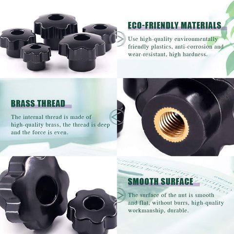 32Pcs Seven Star Through Hole Knob Set With M4 M6 M8 M10 Female Thread Clamping Knobs, black plastic, eco-friendly materials, close-up of brass thread