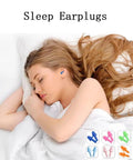 Woman sleeping with Silicone Sleep Ear Plugs With Killer Noise Reduction NRR 29 dB; 8 pairs in various colors shown.