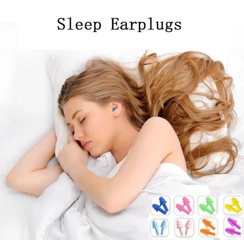 Woman sleeping with Silicone Sleep Ear Plugs With Killer Noise Reduction NRR 29 dB; 8 pairs in various colors shown.