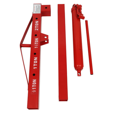 Heavy Duty Two Ton Folding Hydraulic Engine Hoist 4409 Pound Lift Cherry Picker Cranes parts including red steel frame and cylinder.